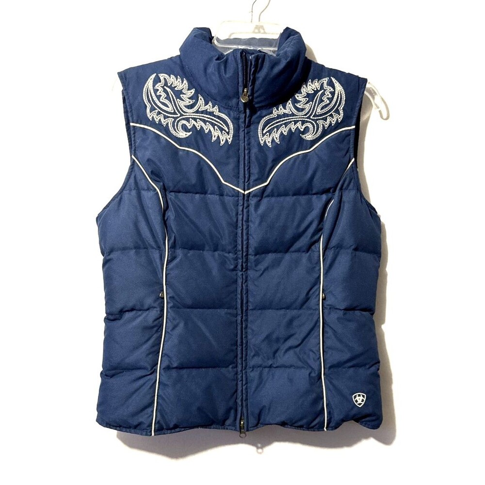 Ariat Womens Down Puffer Vest Western Embroidered 2-Way Zip Size M Navy Blue